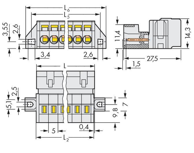 Technische Zeichnung eines elektrischen Steckverbinders mit Maßangaben in Millimetern. Zeigt Vorder-, Seiten- und Draufsicht.