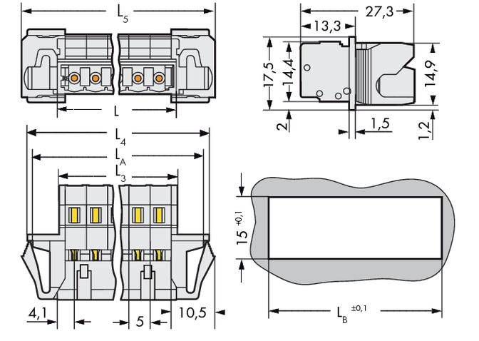 Technische Zeichnung eines elektrischen Bauteils mit Maßangaben in Millimetern. Zeigt Vorder-, Seiten- und Draufsicht des Bauteils.