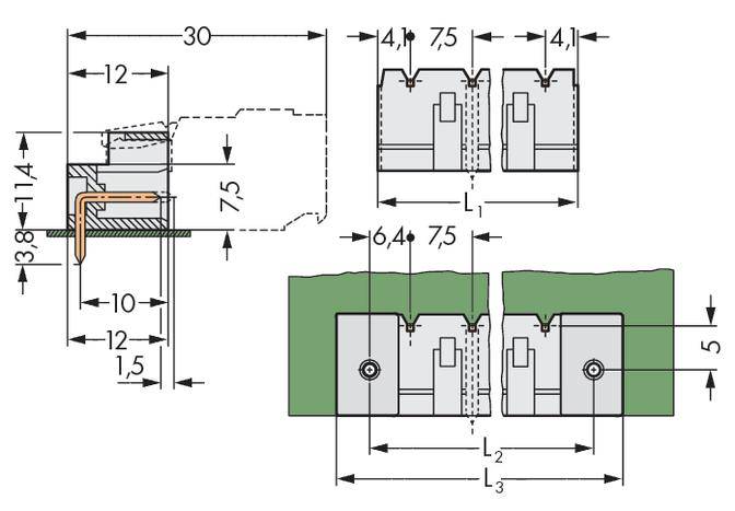 Technische Zeichnung eines Schnitt- und Frontansicht eines Bauteils mit genauen Maßangaben in Millimetern. Konstruktionsdetails sind dargestellt.