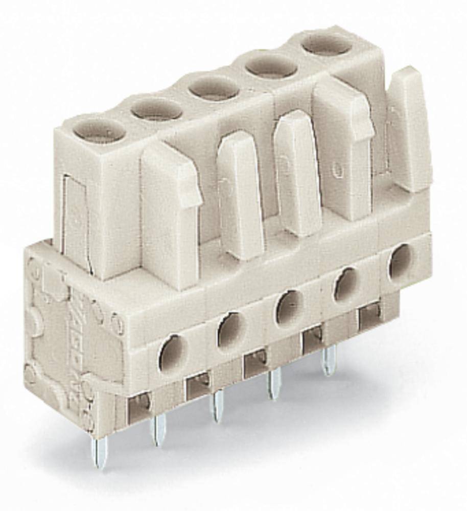 Steckverbinder mit sechs Kontakten, beige Farbe, geeignet für elektronische Schaltungen, stehende Position auf weißem Hintergrund.