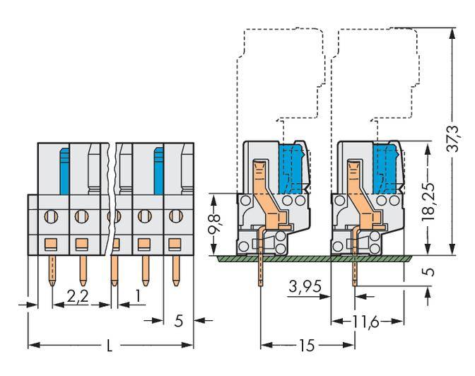 Technische Zeichnung eines elektronischen Steckverbinders mit Maßangaben in Millimetern. Zeigt Seiten- und Rückansicht des Steckers.