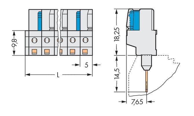 Eine technische Zeichnung zeigt einen elektrischen Steckverbinder mit Maßen: Höhe 18,25 mm, Breite 9,8 mm und Tiefe 7,65 mm.