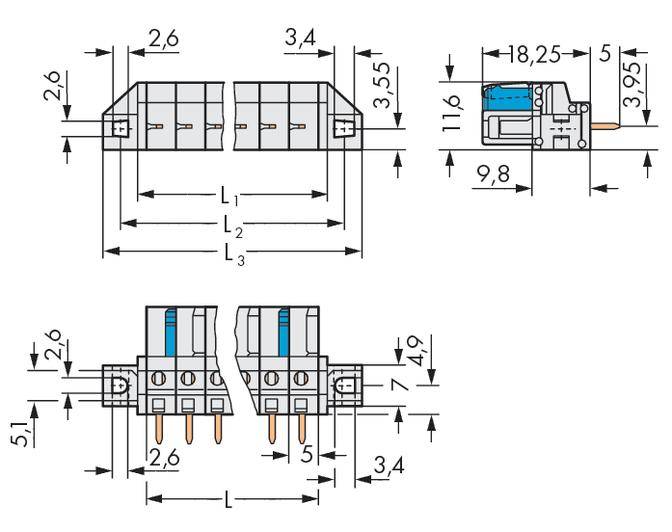 Technische Zeichnung eines elektronischen Steckverbinders mit Maßen in Millimetern. Vorder- und Seitenansichten mit Breiten und Höhen.