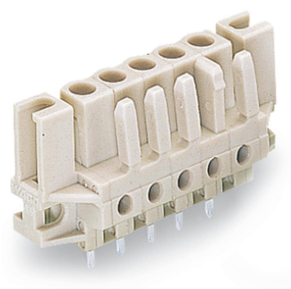 Steckverbinder mit sechs Steckplätzen in beige, vertikale Pins für PCB-Montage, geeignet für elektrische Verbindungen.