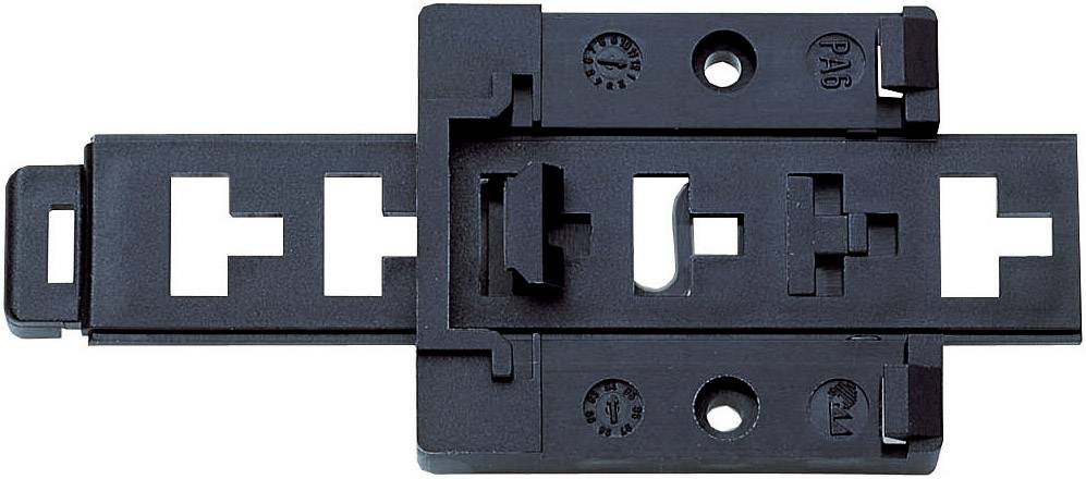 Ein schwarzes Kunststoff-DIN-Schienenadapter für die Montage elektrischer Geräte an Schalttafeln.