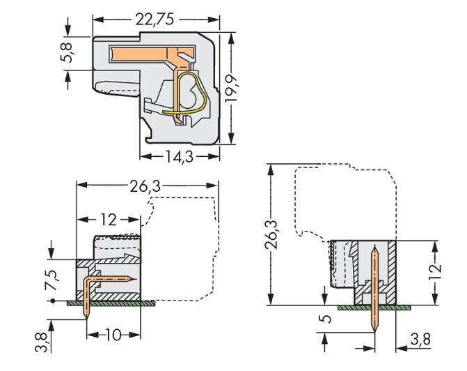 Technische Zeichnung von Dichtungsprofilen mit den Maßen 22,75 mm, 19,9 mm und weiteren Detailmaßen. Seiten- und Vorderansicht sind dargestellt.