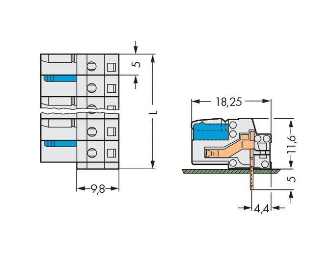 Technische Zeichnung eines elektrischen Steckverbinders mit Maßen: 9,8 mm Breite, 18,25 mm Länge, 11,6 mm Höhe. Seiten- und Vorderansicht.