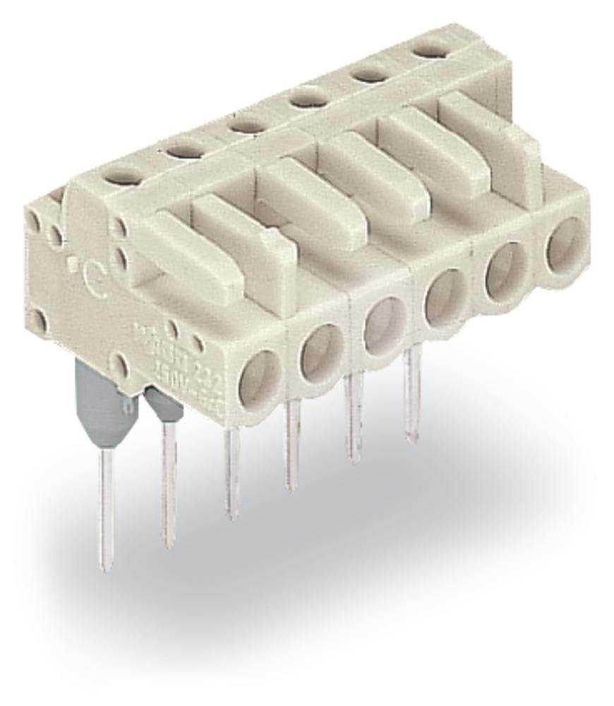 Ein grau-beiger Platinensteckverbinder mit fünf Steckplätzen und Metallstiften, verwendet in elektrischen Schaltkreisen.