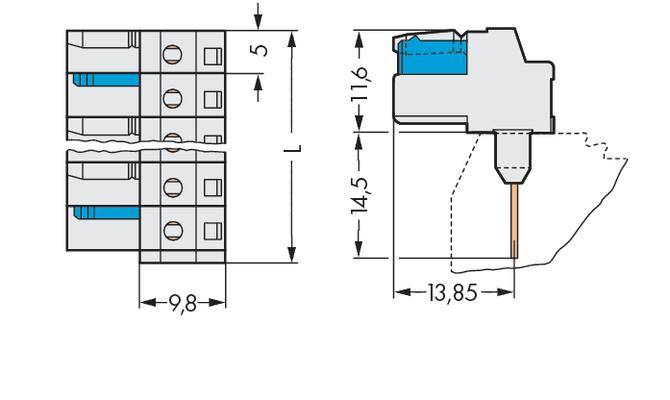 Technische Zeichnung eines elektrischen Verbinders mit Abmessungen: Länge 9,8 mm, Breite 5 mm, Höhe 11,6 mm; Lötstiftlänge 13,85 mm.