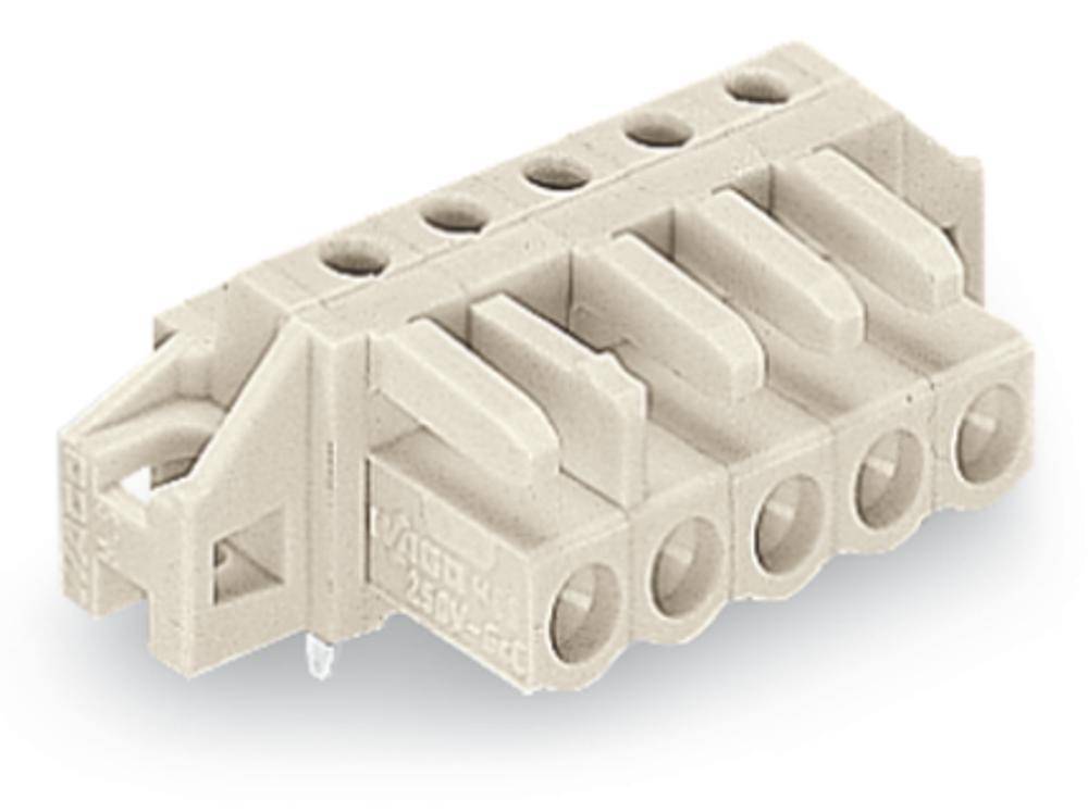 Steckbare Klemmenleiste mit sechs Anschlüssen, cremefarben, für elektrische Verbindungen, seitliche und untere Öffnungen erkennbar.