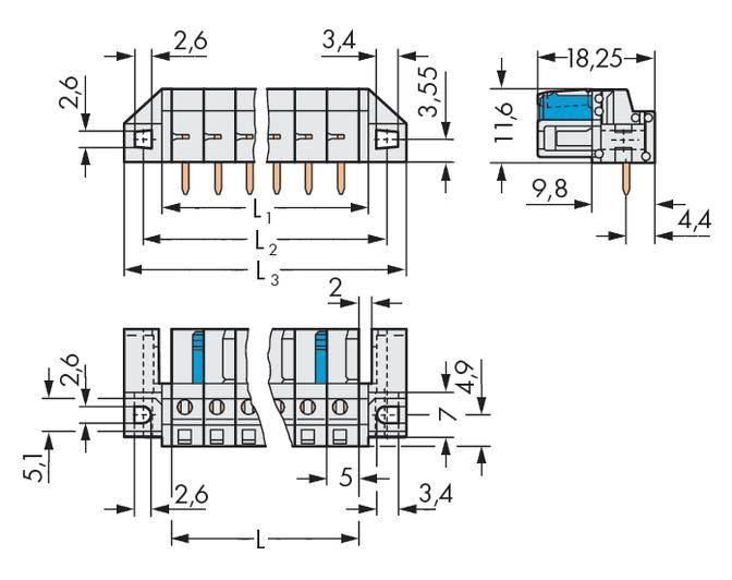 Technische Zeichnung eines elektronischen Bauteils mit Maßen in Millimetern. Es gibt Ansichten von oben, vorne und der Seite.