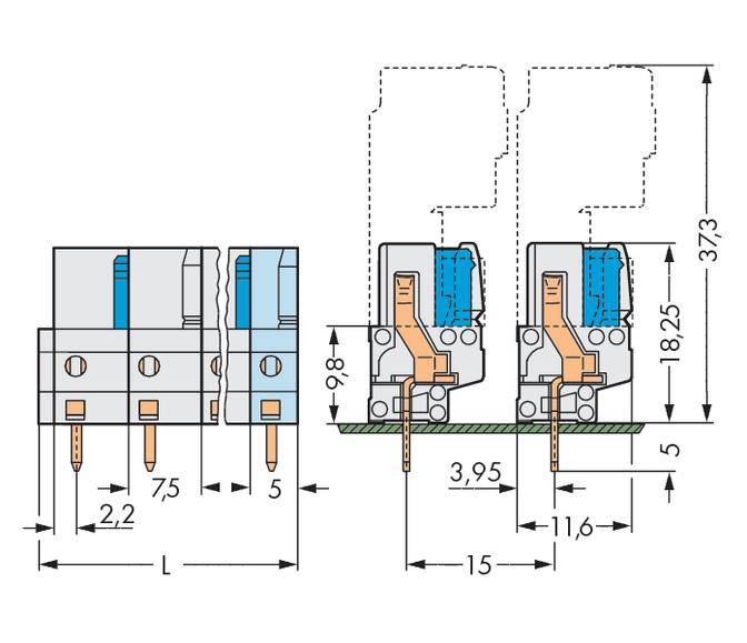 Technische Zeichnung von zwei Relais mit Abmessungen in Millimetern. Zeigt Detailansichten und Schnittansicht mit Lötstiften.