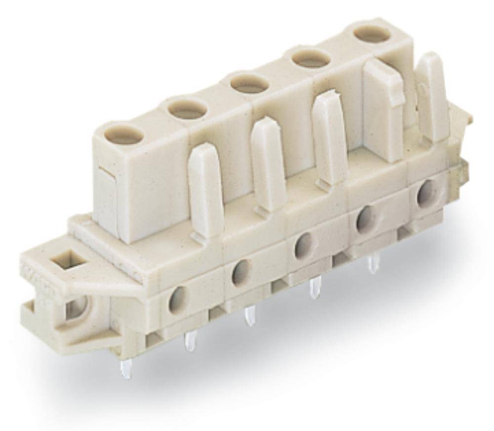 Ein beige Steckverbinder mit mehreren Anschlussbuchsen und Metallstiften, geeignet für elektronische Verbindungen in Geräten.