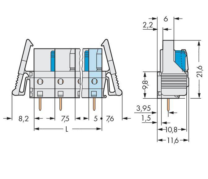 Mechanische Zeichnung eines elektrischen Steckverbinders mit detaillierten Abmessungen in Millimetern.