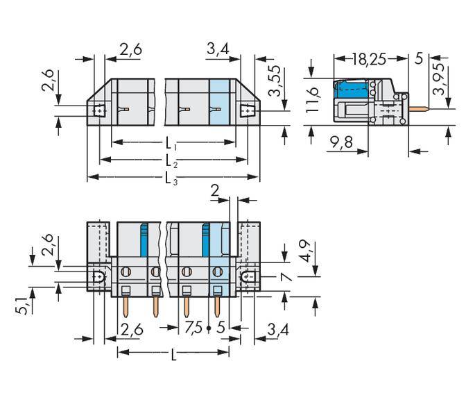 Technische Zeichnung eines elektronischen Bauteils mit spezifischen Abmessungen in Millimetern, detaillierte Seit- und Draufsichten.
