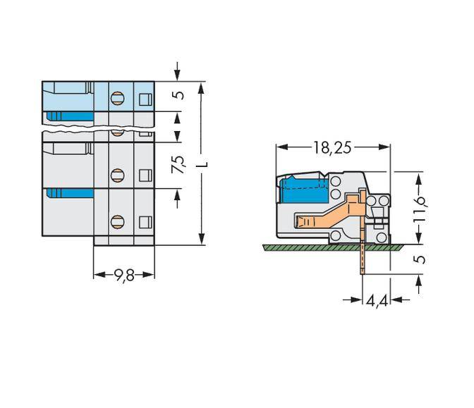Technische Zeichnung eines elektrischen Steckverbinders mit Abmessungen: Breite 9,8 mm, Gesamtlänge 75 mm, andere Maße markiert.