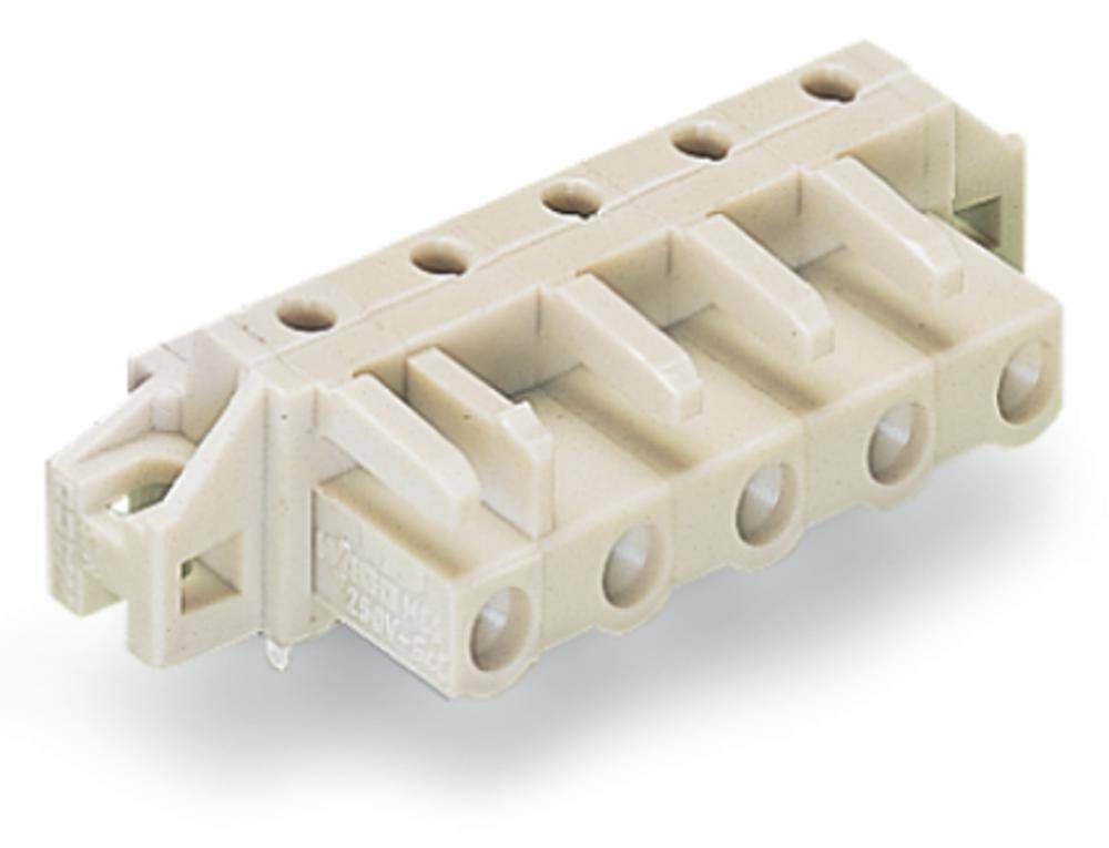 Klemmenblock in beige Farbe mit fünf Löchern, verwendet für elektrische Verbindungen.