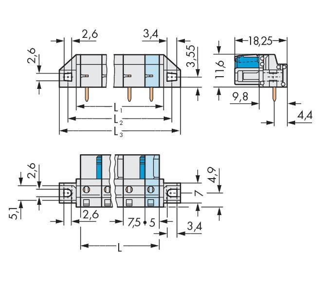 Technische Zeichnung eines elektronischen Bauteils mit Maßen in Millimetern. Oben: 18,25 lang, 9,8 hoch; Unten: 7,5 breit, 4,9 hoch.