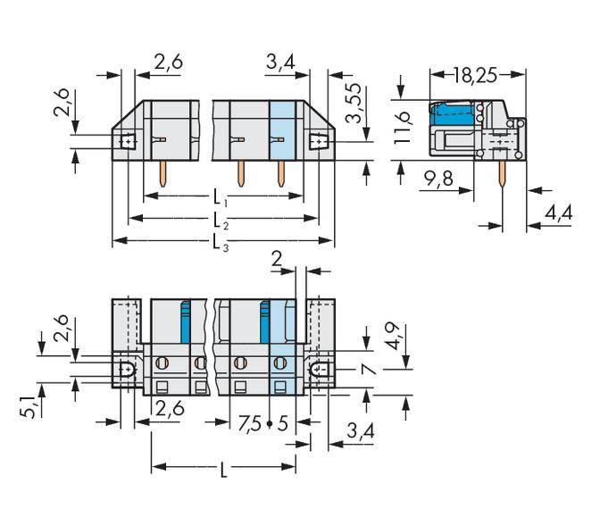 Technische Zeichnung eines elektronischen Bauteils mit genauen Maßangaben in Millimetern, zeigt Draufsicht und Seitenansicht.