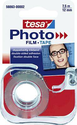 Doppelseitiges Klebeband von Tesa für Fotos und andere Anwendungen. Verpackung zeigt Produktname und -details. 7,5 m x 12 mm.