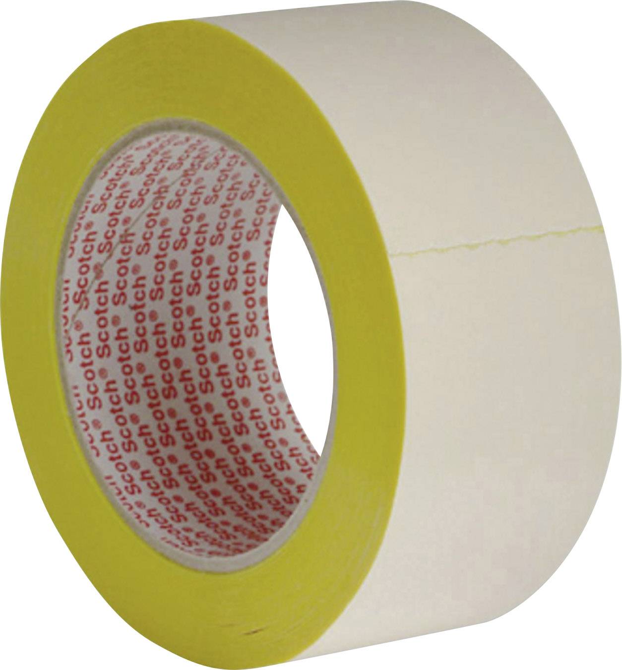 Ein gelbes Klebeband mit rotem Schriftzug 'Scotch' auf weißem Hintergrund im Inneren der Rolle.