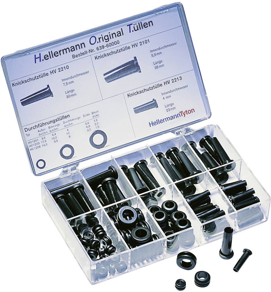 Kunststoffbox mit verschiedenen schwarzen Kabeltüllen. Oben auf der Box befindet sich eine Beschriftung mit Produktinformationen.