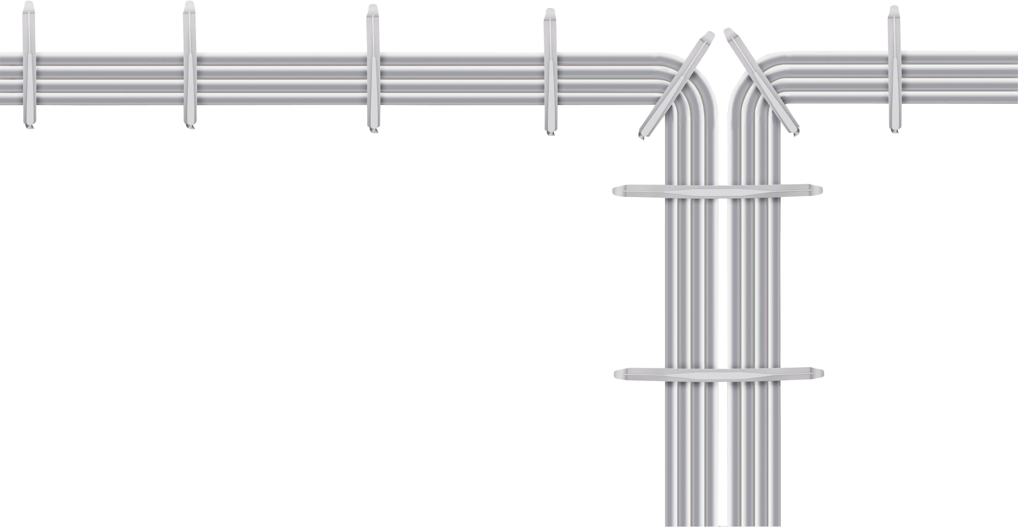 Mehrere parallel verlaufende graue Rohre in L-Form mit Verbindungen und Biegungen.