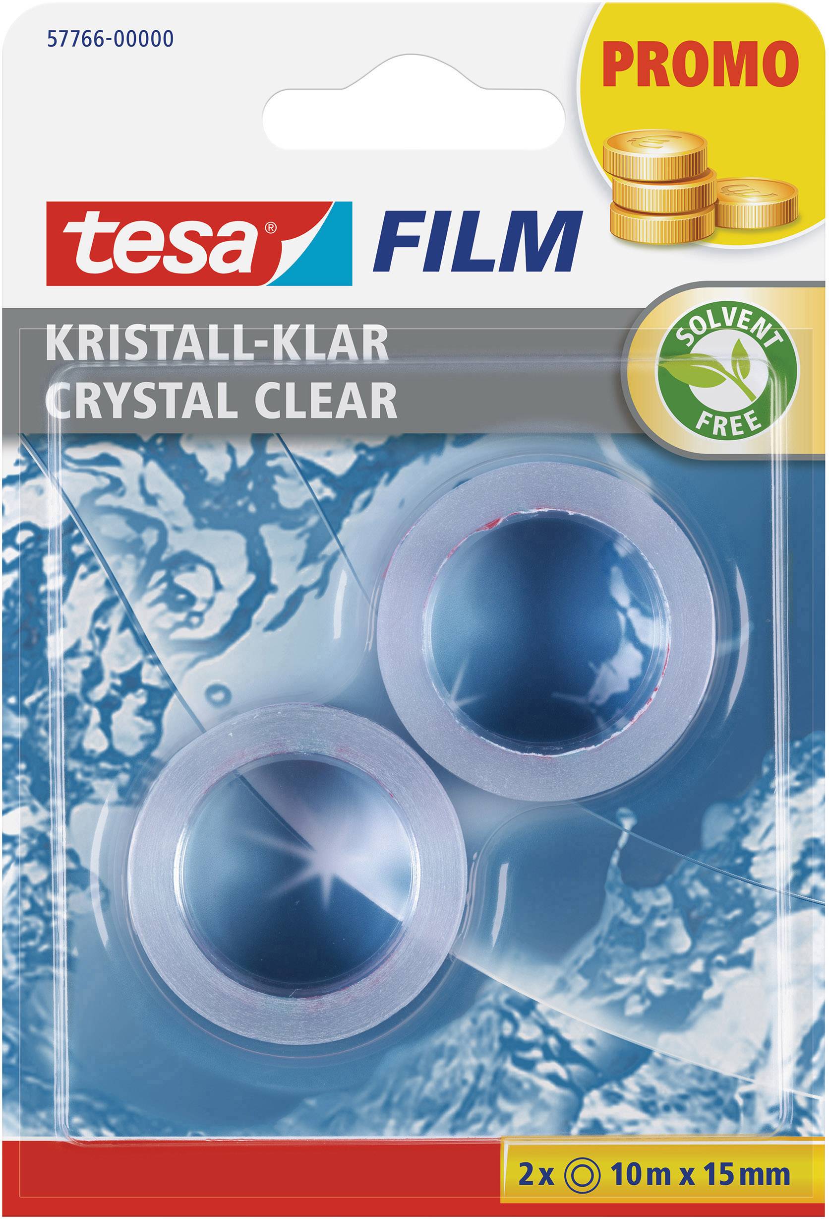 Verpackung von tesa Film, kristall-klar, lösemittelfrei, Promotion mit zwei Rollen Klebeband. Hintergrund mit Wassermotiv.