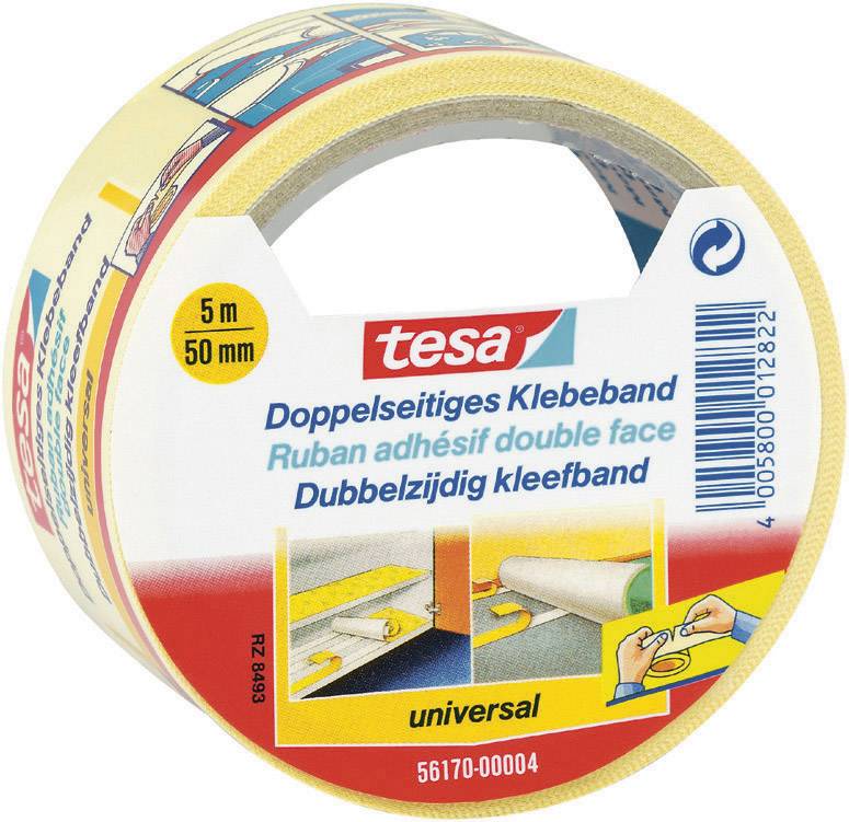 Doppelseitiges Klebeband 'tesa', 5 m Länge, 50 mm Breite, mit Abbildungen zur Anwendung. Aufschrift: 'universal'.