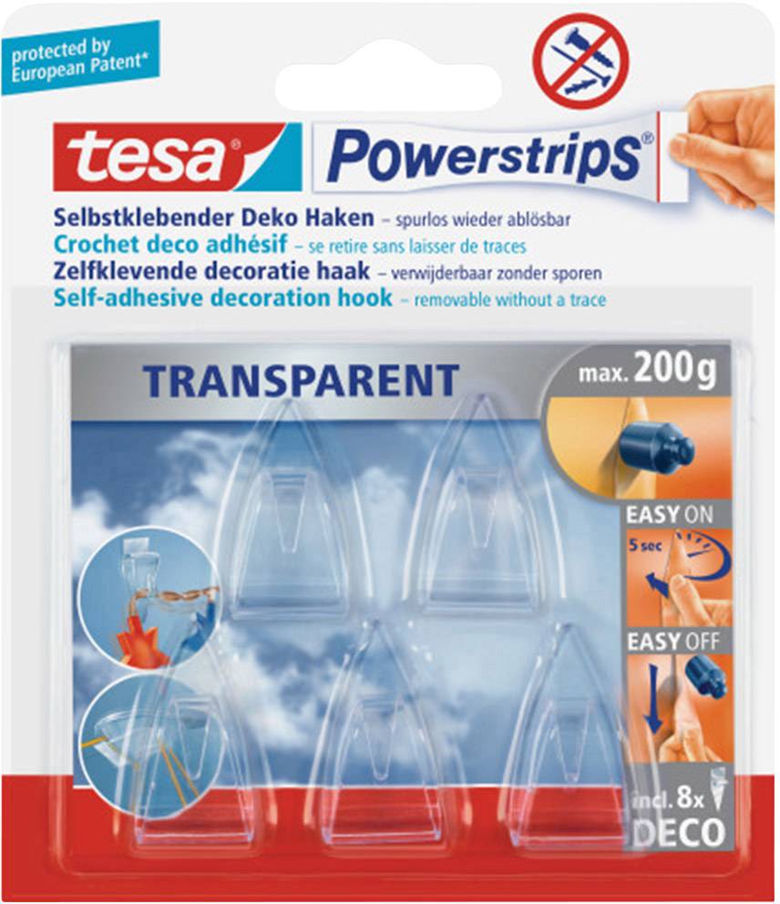 Verpackung von Tesa Powerstrips transparenter, selbstklebender Deko-Haken für bis zu 200g. Einfaches Anbringen und Entfernen.