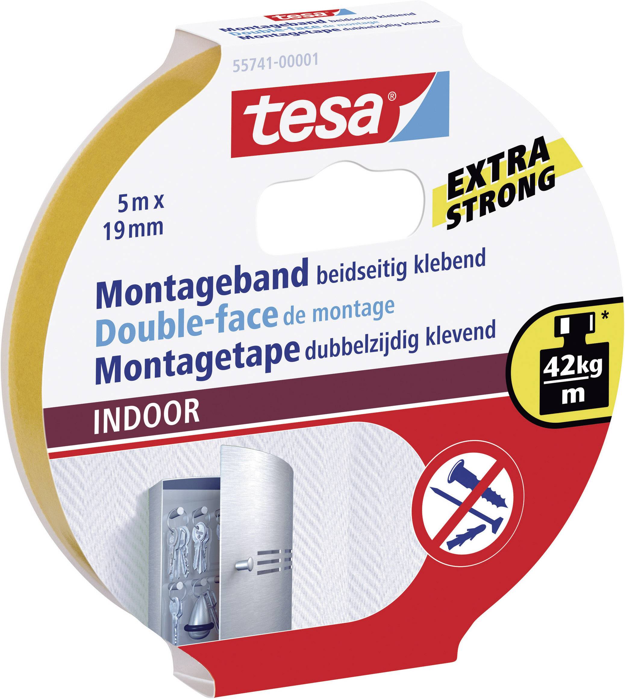 'Montageband' von tesa, doppelseitig klebend, extra stark, 5m x 19mm, für Innenanwendung, hält bis 42kg pro Meter. Verpackung zeigt Anwendungsbeispiel.