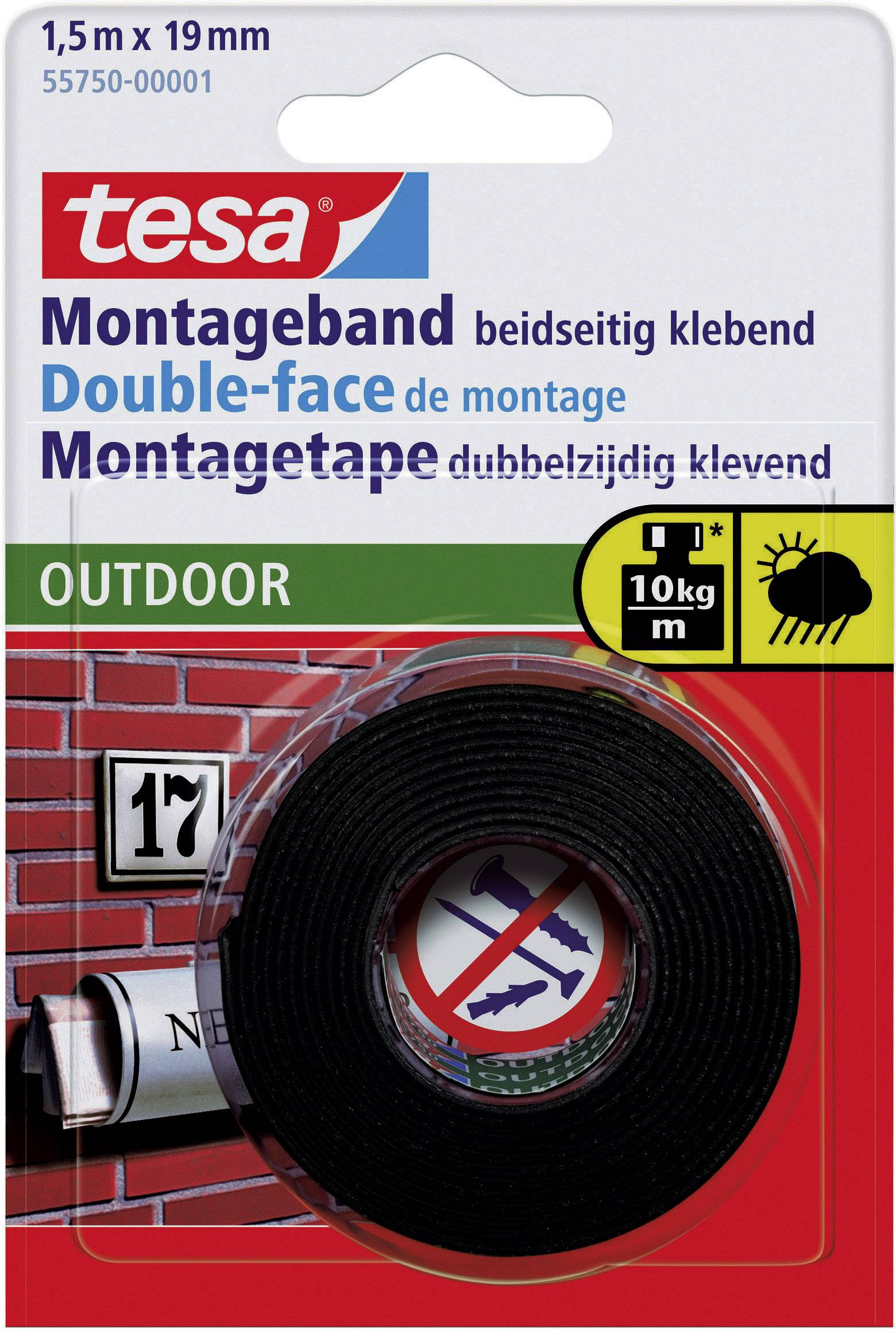'Montageband' von Tesa, doppelseitig klebend, 1,5 m x 19 mm, für Outdoor. Gewichtskapazität: 10 kg pro Meter.