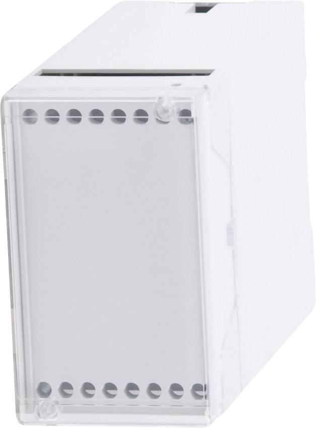 Ein rechteckiges, weißes Gehäuse mit transparentem Frontpanel und leicht abgerundeten Ecken, geeignet für elektronische Bauteile.