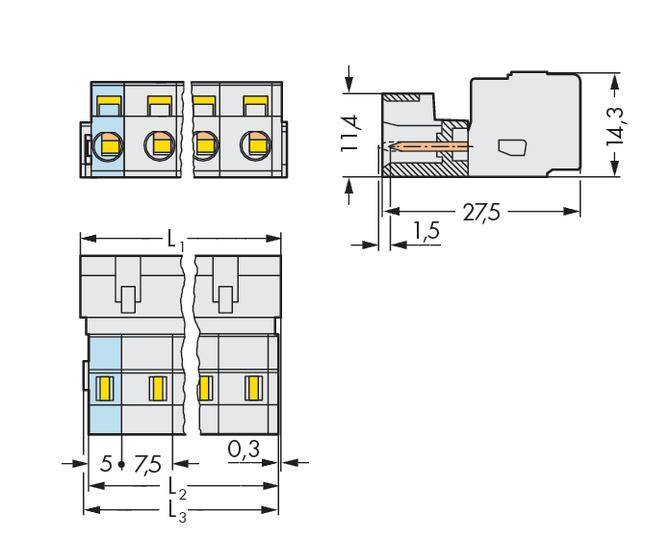 Technische Zeichnung eines dreipoligen Steckverbinders mit Maßen und Querschnittsansicht, zeigt Details zur Montage und elektrischen Spezifikationen.
