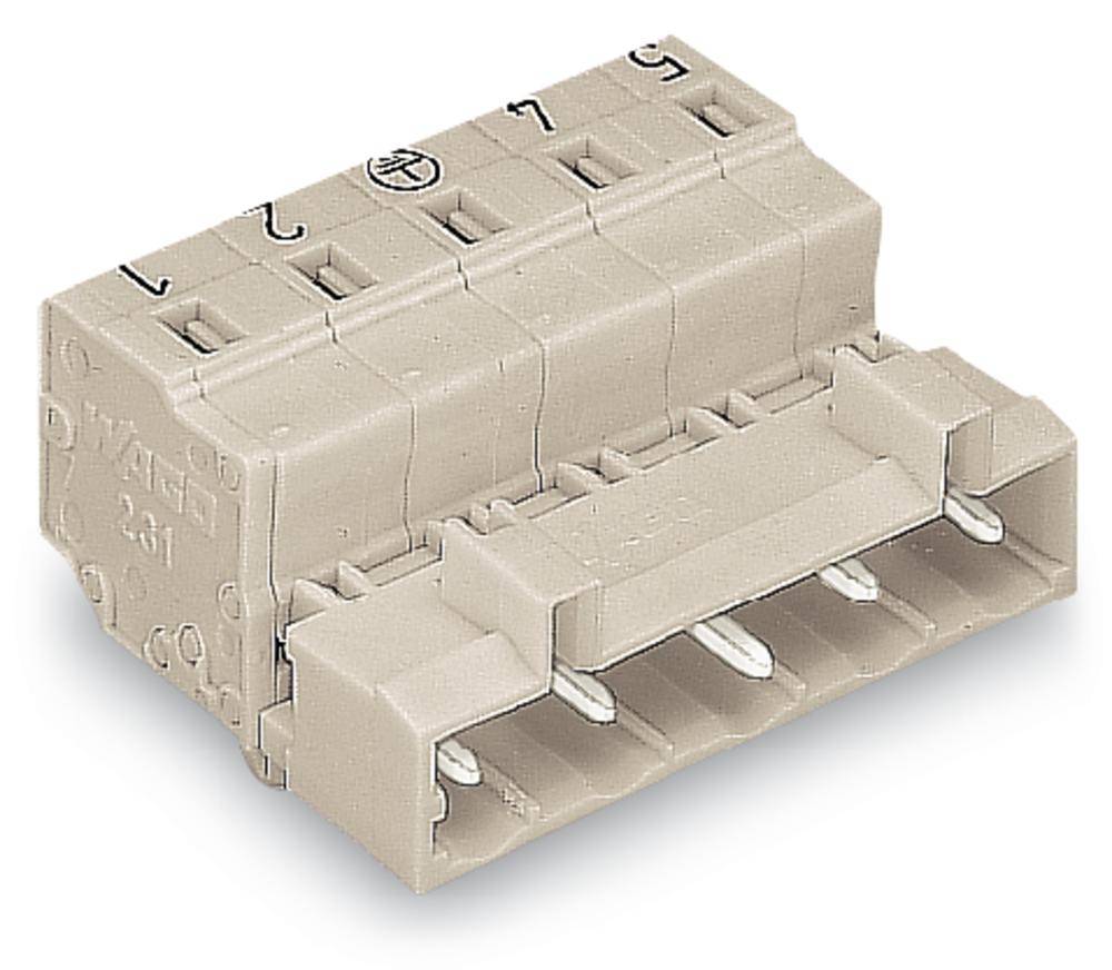 Ein beiger elektrischer Steckverbinder mit mehreren Anschlusspunkten, beschriftet mit Zahlen und Text. Wichtiger Teil elektronischer Schaltungen.