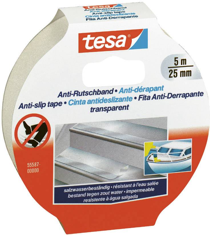 Anti-Rutschband, transparent, 5 m x 25 mm. Für Treppen und Boote, salzwasserbeständig. Abbildung mit Anwendungsbeispiel.