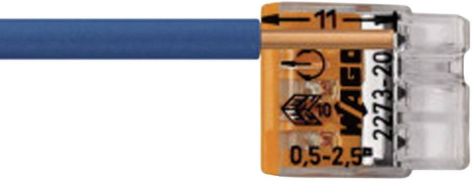 Ein blauer Draht ist in eine orangefarbene WAGO-Klemme 221 gesteckt. Die Klemme zeigt Verbindungskapazitäten von 0,5-2,5 mm².