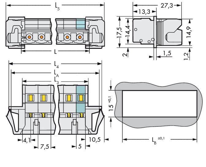 Technische Zeichnung eines elektrischen Steckverbinders mit Abmessungen in Millimetern. Zeigt Draufsicht, Seitenansicht und Querschnitt.
