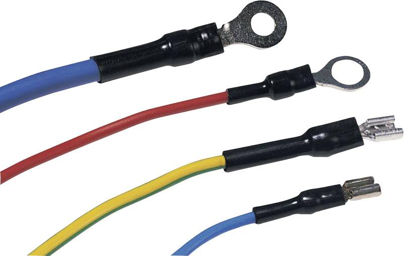 Vier bunte Kabel mit Metallanschlüssen in blau, rot, gelb und grün. Jedes Kabel hat einen unterschiedlichen Stecker.
