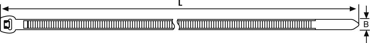 Abbildung eines Reißverschlusses mit den markierten Maßen 'L' für Länge und 'B' für Breite.