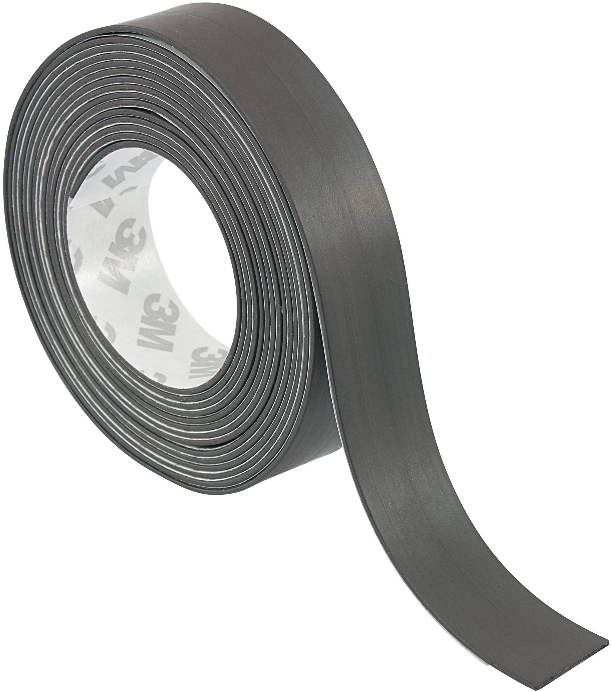 Eine Rolle schwarzen Magnetsbandes mit sichtbarer Klebeseite.