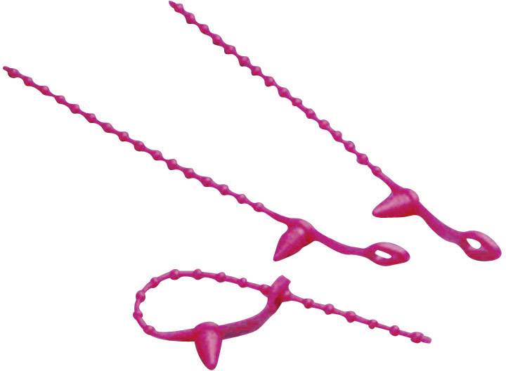 Rote Plastikstreifen mit gezackten Kanten, zwei gerade und einer zu einer Schleife geformt, verwendet für ungenannte Zwecke.