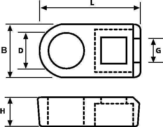 Technische Zeichnung eines metallischen Bauteils mit vier Maßangaben: B, D, G, H. Oben Ansicht von oben, unten Seitenansicht.
