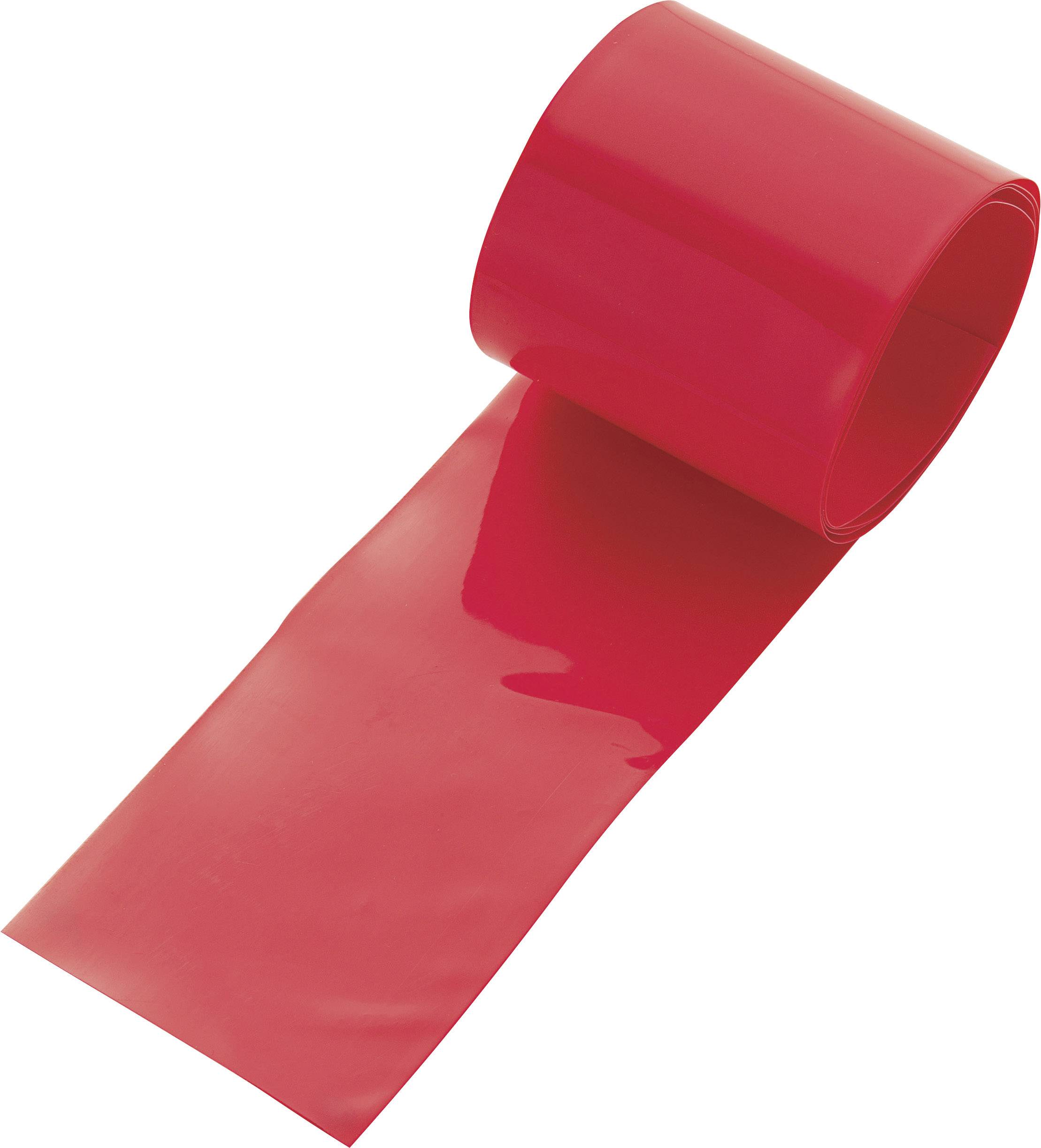 Eine Rolle glänzendes rotes PVC-Band, teilweise entrollt, auf hellem Hintergrund.