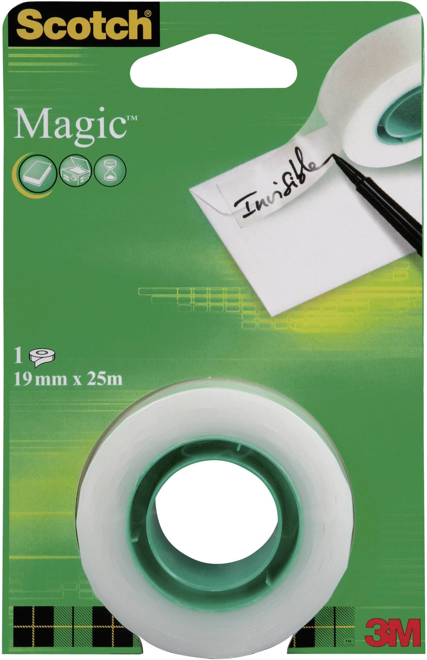 Verpackung mit transparentem Klebeband 'Magic' von Scotch, 19mm x 25m, mit Abbildung einer Anwendung auf Papier.