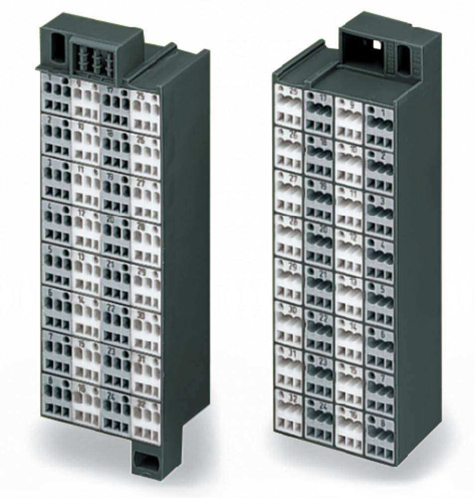 Zwei graue, rechteckige elektronische Komponenten mit mehreren Steckverbindungen. Sie sind vertikal ausgerichtet und zeigen verschiedene Anschlussmöglichkeiten.