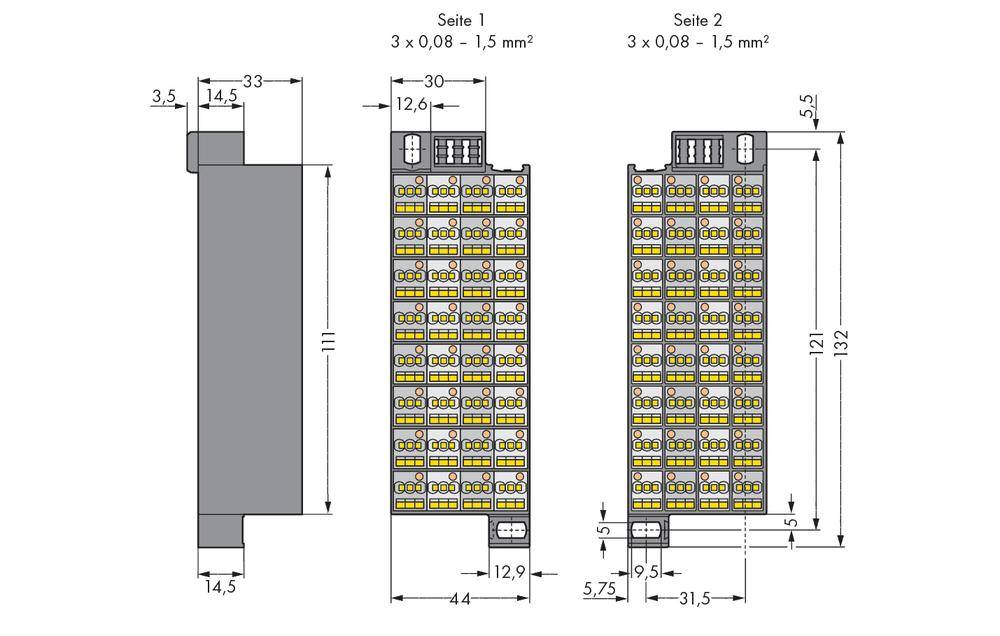 Schaltplan zeigt zwei Ansichten eines elektrischen Steckverbinders mit Maßangaben. Markiert: 'Seite 1' und 'Seite 2', Drahtgrößen 3x0,08-1,5mm².