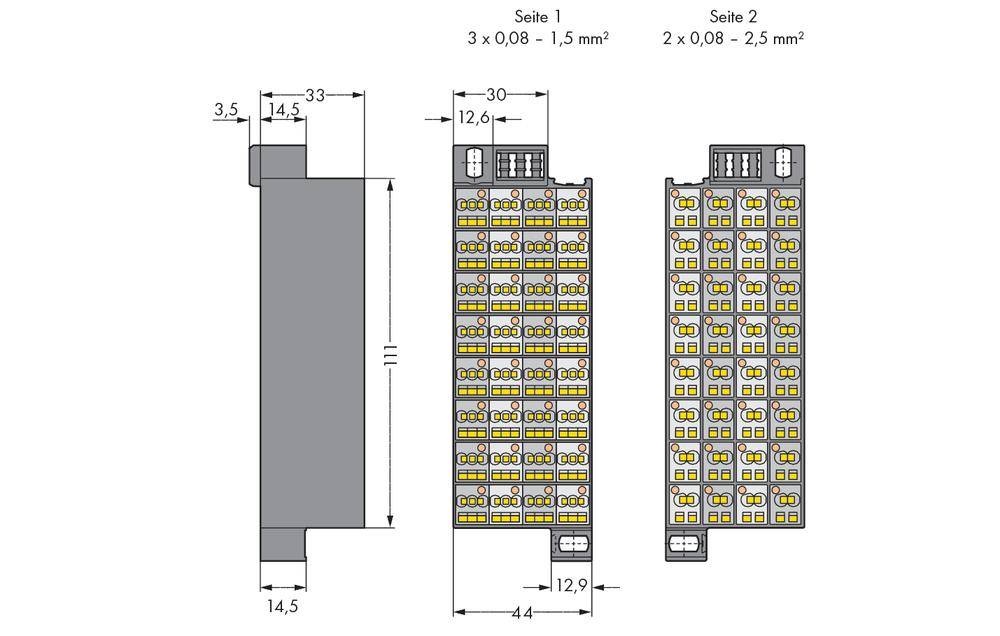 Technische Zeichnung eines Steckverbinders. Zeigt Vorder-, Seiten- und Querschnittsansicht mit Abmessungen und Pinbelegung.