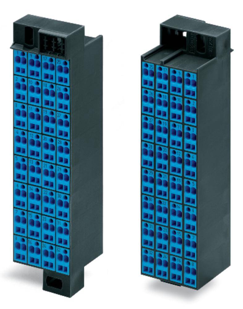 Zwei blaue und schwarze Steckverbindermodule mit mehreren Anschlusspunkten, vertikal angeordnet, auf weißem Hintergrund.