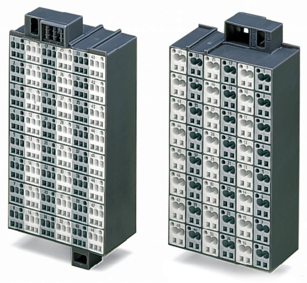 Zwei elektronische Bauteile mit mehreren Anschlüssen, die für die Montage in Schaltschränken geeignet sind.